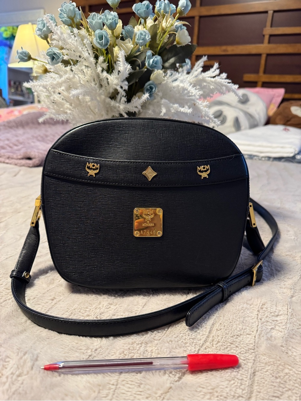 MCM Black Leather Camera  Crossbody with Gold Hardware Accents